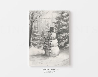 Lámina con dibujo de muñeco de nieve, pinos invernales, decoración en blanco y negro (obra de arte digital)