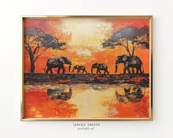 May include: An original framed painting depicts a family of elephants silhouetted against a vibrant orange and yellow sunset. The artwork includes reflections in the water and two stylized trees. The text "LINCKX PRINTS printable art" is at the bottom.