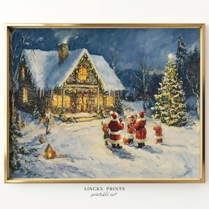 Christmas wall art, Santa Claus prints, festive cabin, snow painting, winter wonderland printable, vintage tree art, cozy night scene Win55