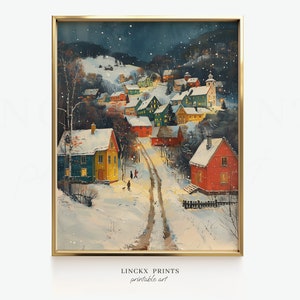 Winter village print, enchanting snow-covered town houses, cozy sene night, digital download, PRINTABLE wall art, Christmas decor Win10