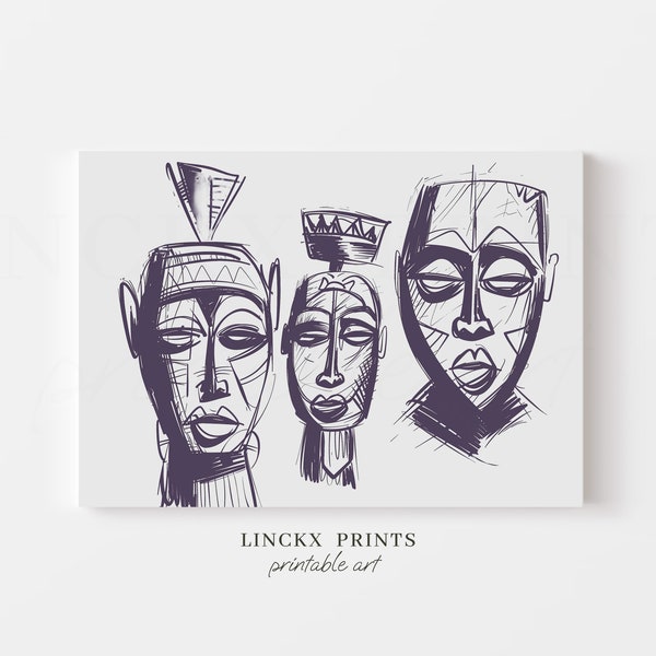 Sketch Art Print, Tribal Masks, Printable Cultural Wall Decor - African Instant Download - Ethnographic Drawing for Home and Office #Ske01