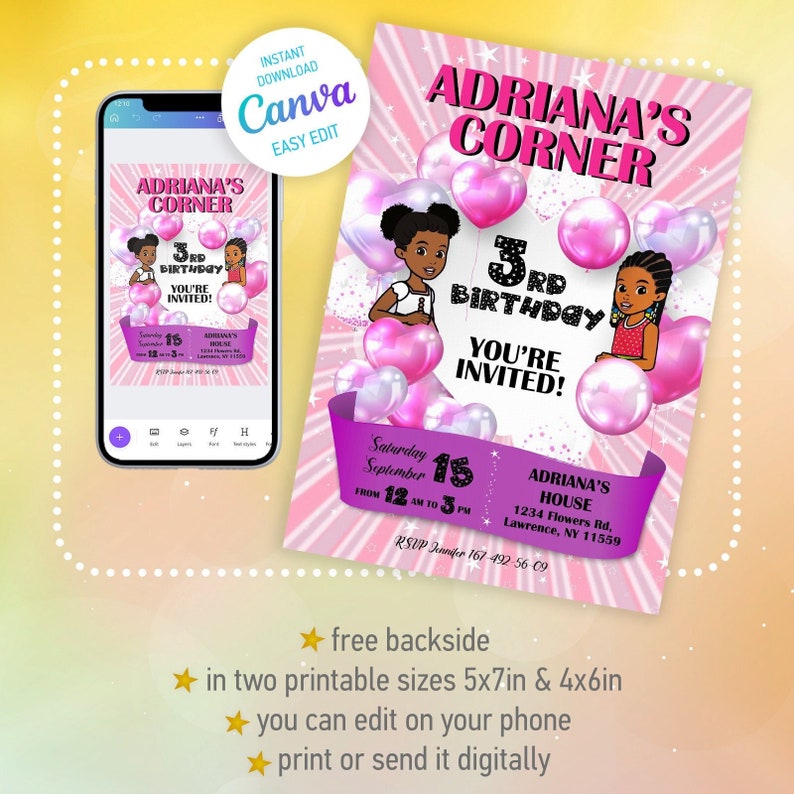 Gracie's Corner Birthday Invitation, Music Birthday Party, Printable Editable Girl Invite