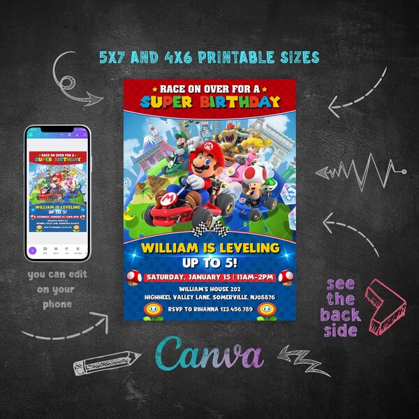 Super Mario Go Kart Birthday Invitation Etsy