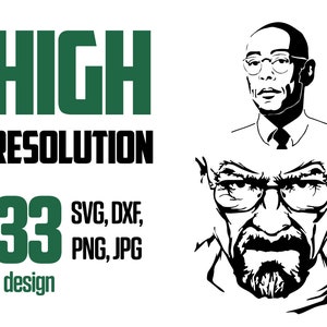 以下が含まれることがあります： ひげと眼鏡をかけた男性の顔の白黒デジタルイラスト。 「HIGH RESOLUTION」と「33 design」のテキストは緑と黒のテキストで表示されます。 「SVG, DXF, PNG, JPG」のテキストは黒のテキストで表示されます。