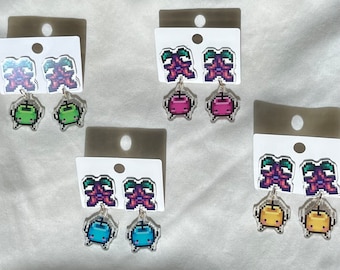 Stardew Valley Inspired Starfruit and Junimo Stud Dangle Earrings