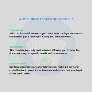 May include: A graphic with the text "WHY CHOOSE LEGAL DOC DEPOT? - 1" at the top. The graphic lists three reasons to choose Legal Doc Depot: time-saving, customizable, and cost-effective. Each reason is accompanied by a short description.