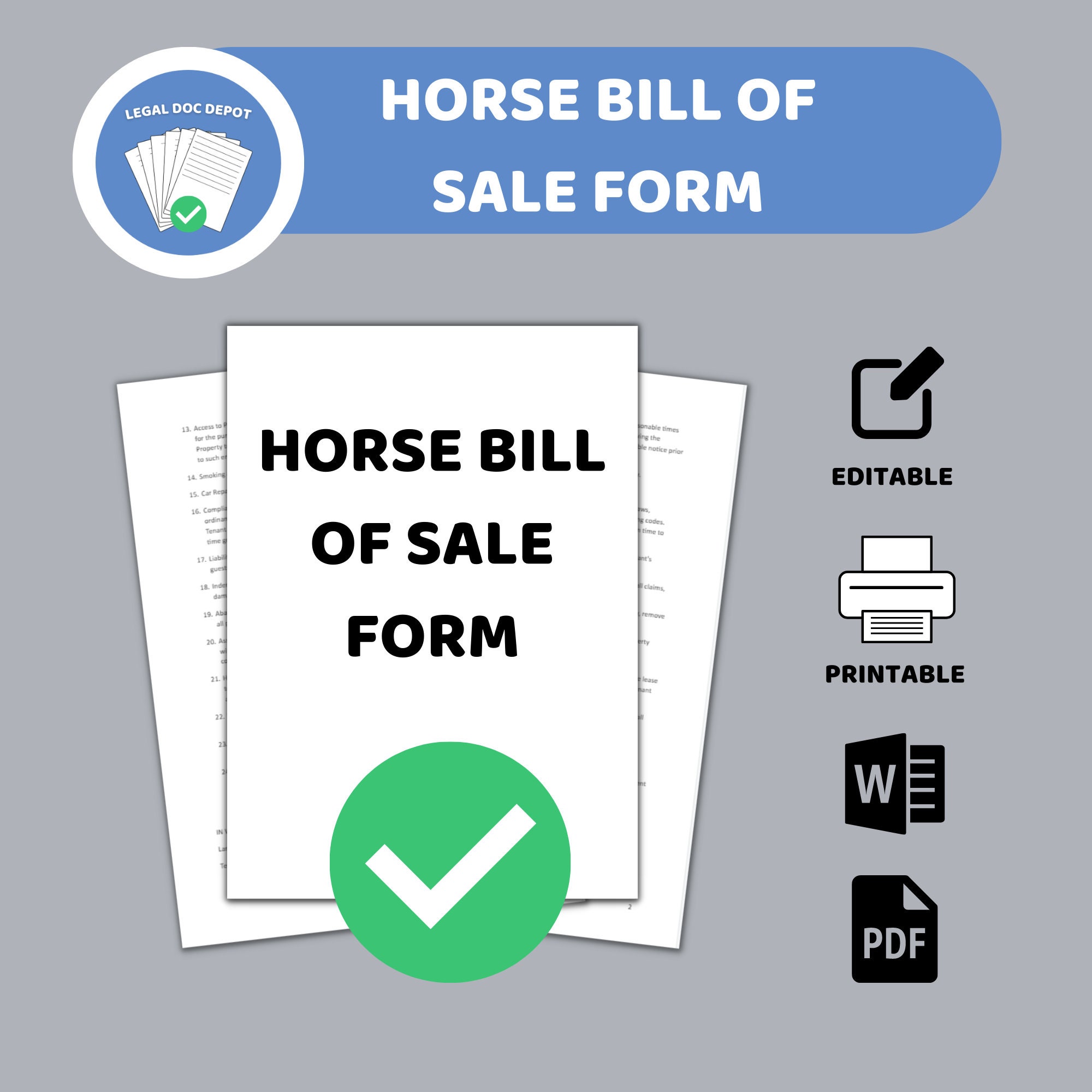 Horse&equine Bill of Sale / 2 Different Files / PDF Form, Word Document