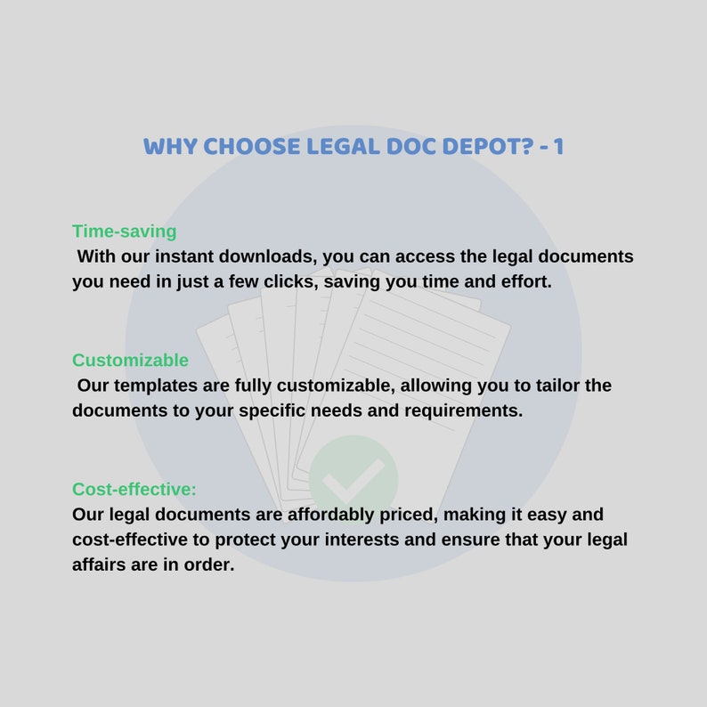 May include: A graphic with the text "WHY CHOOSE LEGAL DOC DEPOT? - 1" and three sections titled "Time-saving", "Customizable", and "Cost-effective:". Each section describes the benefits of using Legal Doc Depot.