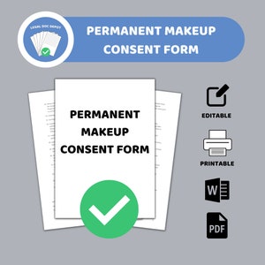 Könnte beinhalten: Ein schwarz-weißes, druckbares Einverständnisformular für Permanent Make-up. Das Formular ist editierbar und im PDF-Format verfügbar. Das Formular enthält ein Häkchen und den Text "PERMANENT MAKEUP CONSENT FORM" in Fettdruck.