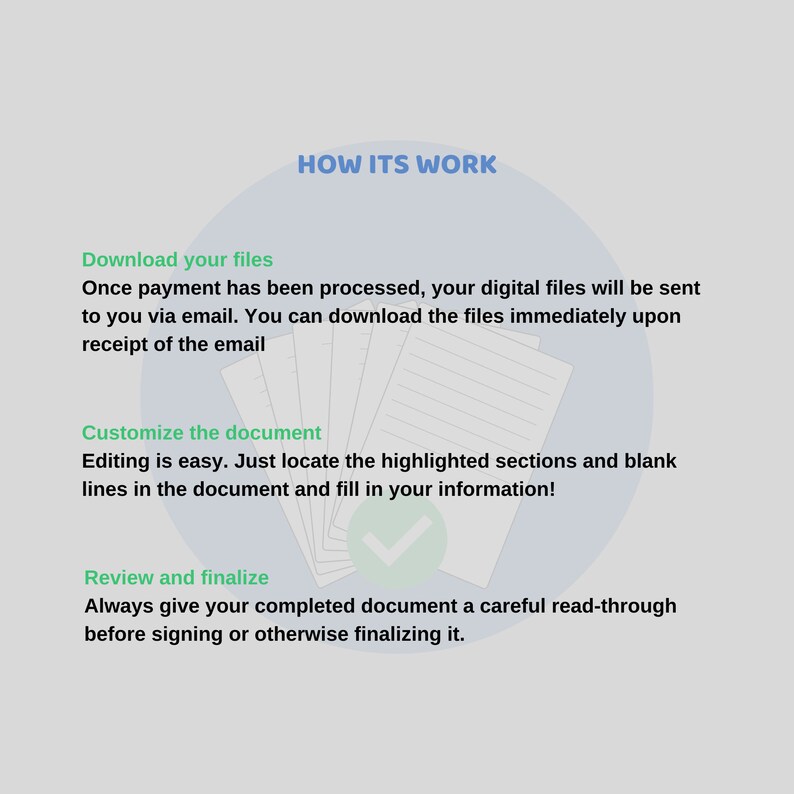 May include: How it works: a graphic with three steps for downloading, customizing, and reviewing digital files. The steps are illustrated with icons of a stack of papers, a pen, and a checkmark.
