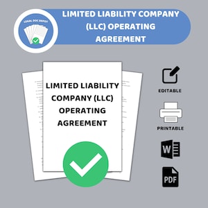 May include: A printable and editable Limited Liability Company (LLC) Operating Agreement document. The document is available in PDF and Word formats. The document is marked with a green checkmark.