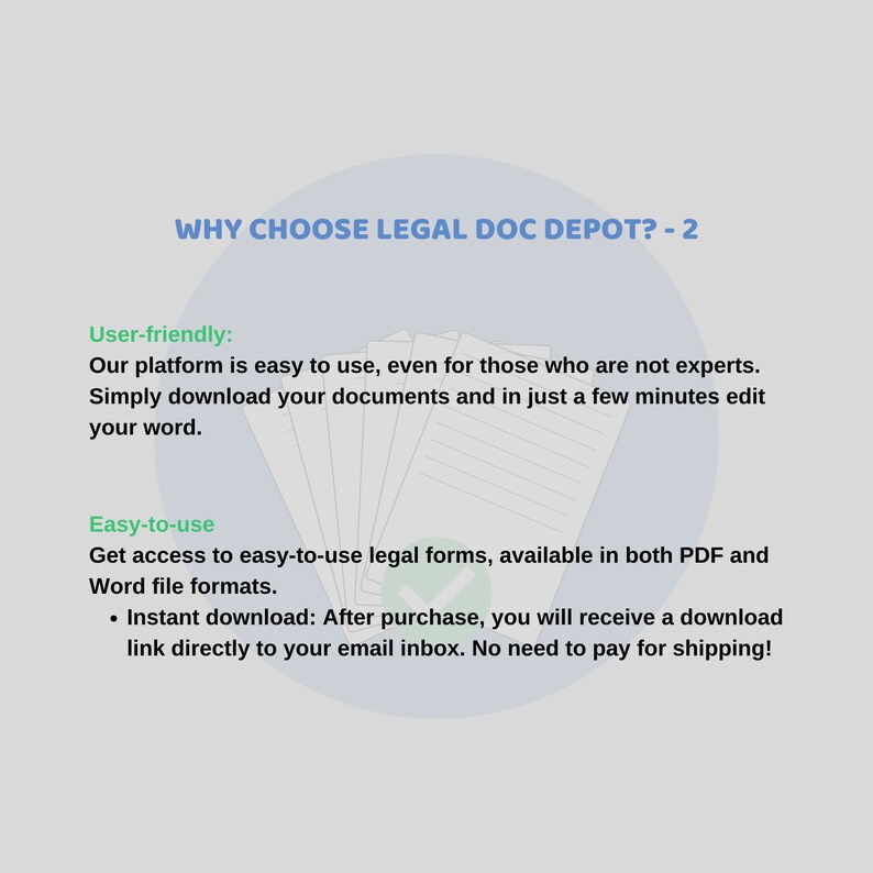 Puede incluir: Un gr&aacute;fico de texto con el t&iacute;tulo "WHY CHOOSE LEGAL DOC DEPOT? - 2". El gr&aacute;fico enumera dos razones para elegir Legal Doc Depot: "User-friendly" y "Easy-to-use". El gr&aacute;fico explica que la plataforma es f&aacute;cil de usar, incluso para aquellos que no son expertos. Tambi&eacute;n explica que la plataforma ofrece formularios legales f&aacute;ciles de usar, disponibles en formatos PDF y Word. El gr&aacute;fico tambi&eacute;n menciona que los usuarios recibir&aacute;n un enlace de descarga instant&aacute;nea despu&eacute;s de la compra.