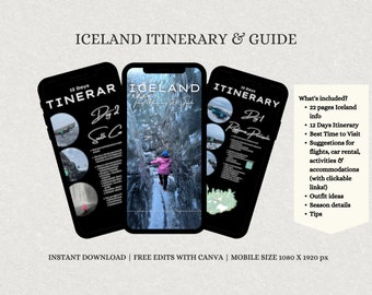 Iceland Travel Itinerary, Iceland Travel Guide, Ebook, Travel Itinerary, Travel Guide, Iceland, Travel Tips, Digital Travel itinerary, Canva