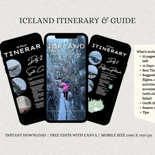 Iceland Travel Itinerary, Iceland Travel Guide, Ebook, Travel Itinerary, Travel Guide, Iceland, Travel Tips, Digital Travel itinerary, Canva