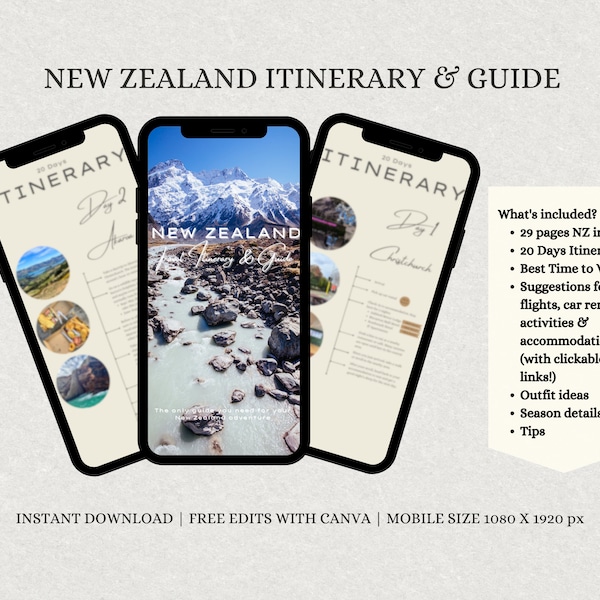 New Zealand Travel Itinerary, New Zealand Travel Guide, Ebook, NZ, Travel Tips, Travel, Digital Itinerary, Editable, Canva Template