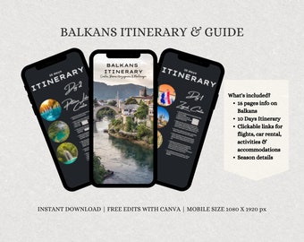 Balkan reisroute voor Maleisisch, Balkan reisgids, ebook, reistips, reizen, digitaal reisplan, bewerkbaar, Canva-sjabloon