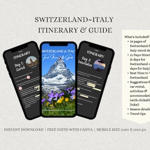 Itinerário de viagem para a Suíça, Guia de viagem para a Suíça, E-book, Viagem para a Itália, Dicas de viagem, Itinerário digital, Modelo Canva editável