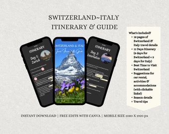 Schweiz Reiseplan, Schweiz Travel Guide, Ebook, Italien Reise, Reisetipps, digitale Reiseplan, bearbeitbare Canva Vorlage