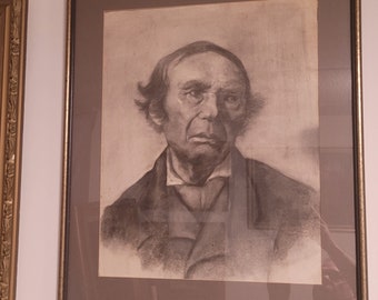 Amazing Antique French School Charcoal on Paper Drawing ' Portrait of an Elderly Gentleman'