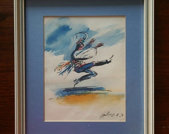 Nice Little Watercolour on Paper Painting &#39;Dancing Shogaj&#39; by Czechoslovakian Artist, Ales Cerny
