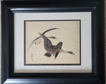 Beautiful Rare Antique Japanese Woodblock Print &#39;Two Geese in Flight with Full Moon&#39; by Ohara Koson (1877-1945)