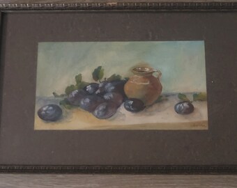 Nice Antique Watercolour on Paper Painting &#39;Still Life with Plums&#39; Signed