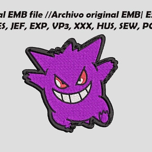 May include: Embroidered purple character patch with a black outline, featuring a wide grin and red eyes. The patch has the text "Original EMB file //Archivo original EMB| Export to DST, PES, JEF, EXP, VP3, XXX, HUS, SEW, PCS, PEC" at the top.