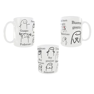 Puede incluir: Tazas de cerámica blanca con dibujos de figuras de palo en línea negra y texto en español. El texto en las tazas incluye "Guapo", "Poderoso", "Un buen socio", "Misterioso", "Buena gente", "Soy precioso", "Muy hermoso", "Armonioso" y "Ason".