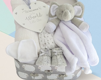 Luxury & Unisex New Baby Hamper, New Baby Gift, Award Winning Baby Hampers, Baby Shower Hamper Gifts, New Mum Gifts, Baby Blanket, Elephant