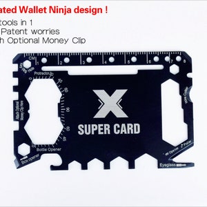 May include: Black multi-tool credit card sized tool with the text "SUPER CARD" and an "X" logo. The tool has 46 tools in 1 and includes a bottle opener, box opener, wire cutter, ruler, and a protractor.
