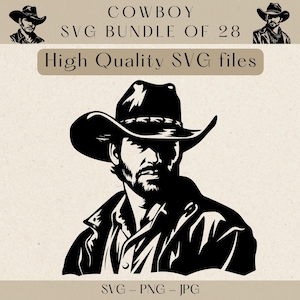 Cowboy SVG Bundle, 28 Western Cowboy Clipart Designs, Cowboy Hat Vector, Wild West Silhouette Art, Instant Download, Commercial Use