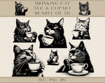 Drinking Cat Svg, Cat Svg, Cat Shirt Svg, Coffee Svg, Tea Svg, Drinking Svg, Drinking Animal Svg, Cat Clipart, Cat Silhouette, Cat Vector
