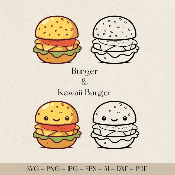 Burger SVG, Kawaii Burger SVG, SVG, Food svg, Food Clipart, Clipart, svg file for cricut, food, hamburger svg, burger, silhouuette, cricut
