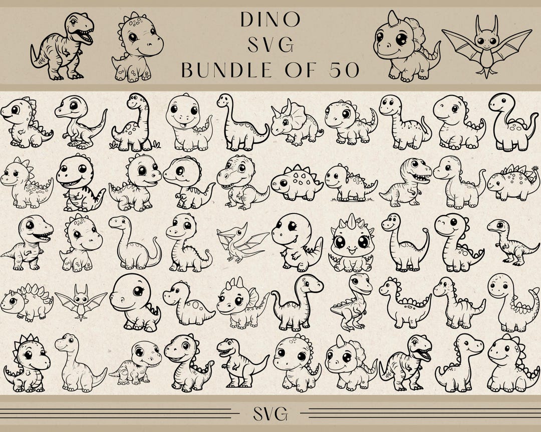 Cute Dino SVG Bundle | 50 Adorable Dinosaur Designs | Digital Download ...