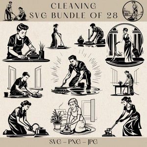 Cleaning SVG Bundle, 28 Housekeeping Clipart Designs, Cleaning Tools Vector, Maid Silhouette Art, Instant Download, Commercial Use