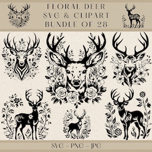 Floral Deer Svg, Floral Deer Clipart, Deer Svg, Deer Clipart, Deer Png, Deer Vector, Deer Silhouette, Deer Head Svg, Floral Animal Svg