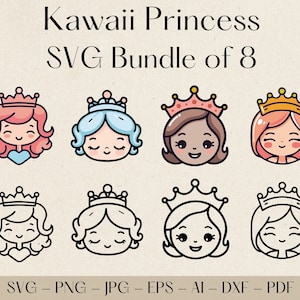Princess Svg, Princess Png, Princess Clipart, Princess Vector, Princess Silhouette, Kawaii Princess Svg, Cute Princess Svg, Kawaii Svg