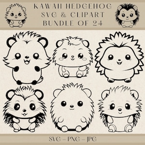 Pacote SVG de ouriço kawaii, 24 designs de clipart fofos de ouriço, vetor de animal adorável, arte de criatura da floresta, download instantâneo, ouriço svg