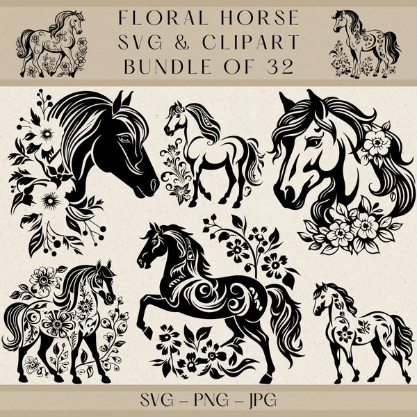 Floral Horse Svg, Floral Animal Svg, Horse Svg, Horse Png, Horse Clipart, Horse Vector, Horse Silhouette, Horse Head Svg, Horse Svg Cricut