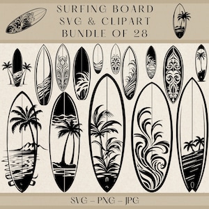 Surfing Board SVG Bundle, 28 Tropical Surfboard Clipart Designs, Beach Wave Vector, Summer Sports Art, Instant Download, Commercial Use