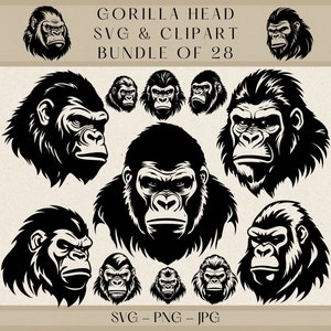 Gorilla Head SVG Bundle, 28 Gorilla Clipart Designs, Wild Animal Vector, Jungle Beast Silhouette, Instant Download, Commercial Use