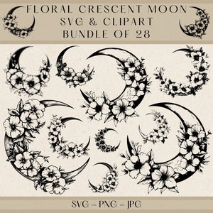 Floral Crescent Moon Svg, Floral Crescent Moon Clipart, Crescent Moon Svg, Crescent Moon Clipart, Floral Moon Svg, Celestial Moon Clipart