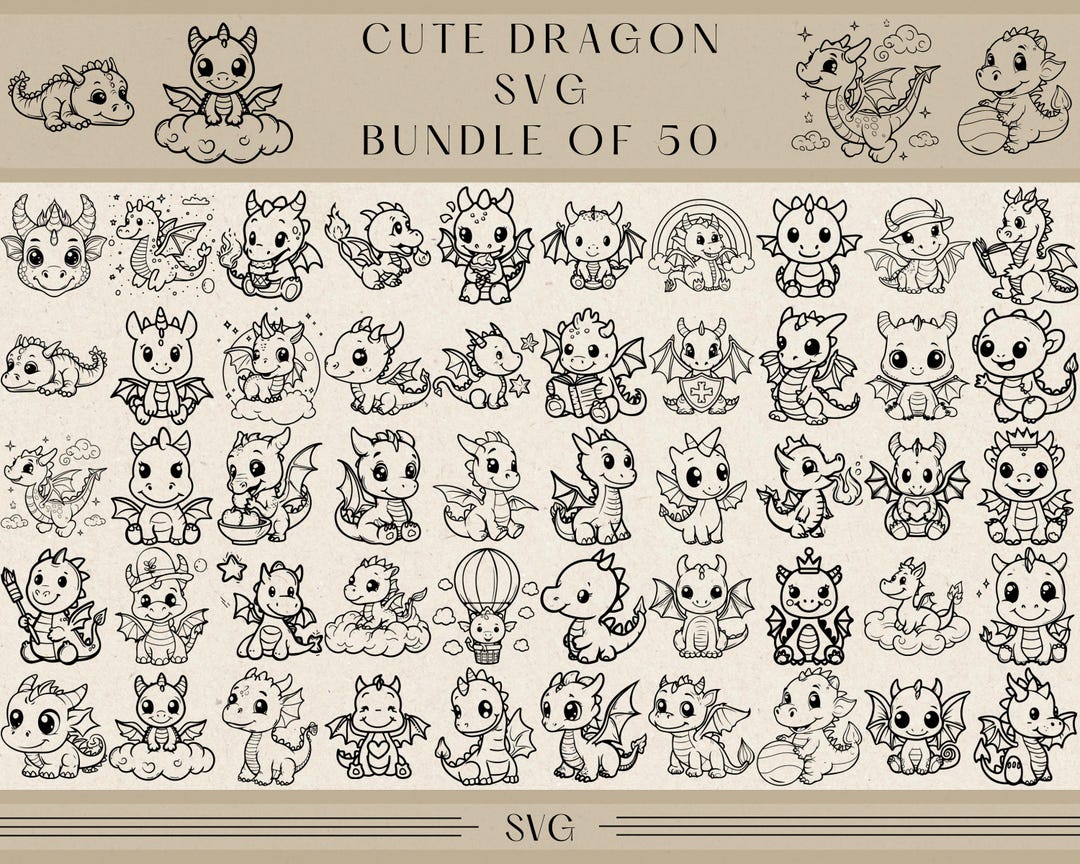 Cute Dragon SVG Bundle | 50 Magical Dragon Designs | Digital Download ...
