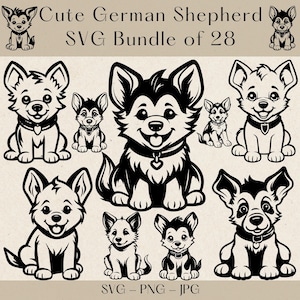 Cute German Shepherd SVG Bundle, 28 Puppy Clipart Designs, Dog Vector Art, Pet Silhouette, Instant Download, Commercial Use