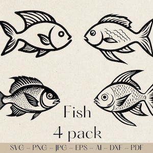 Pacote SVG de Peixes | Pacote de 4 Cliparts de Peixes | Vetor de Silhueta de Peixes | SVG de Pesca | Arte de Linha de Peixes | Download Instantâneo | Uso Comercial