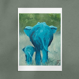 Insieme cartolina A6 - stampa d'arte, stampa, stampa digitale, acrilico, elefanti, famiglia