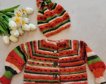 Handmade knit cardigan and beanie,  little girls watermelon sweater, knit by hand cardigan and beanie, girls size 18 months.