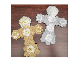 Religious 12" wooden cross with handmade crocheted flowers, Communion gift, nursery wall sign, Christening gift baby room design,church gift