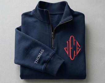 Embroidered Custom J.E.E Epstein Monogram Quarter Zip Sweatshirt, Personalized Initial with Name on Sleeve, Preppy 1/4 Zip Sweater Gift