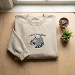 Puede incluir: Sudadera beige con la palabra "overstimulated" bordada sobre un mapache de dibujos animados tumbado boca arriba. El mapache es gris con una cola a rayas blancas y negras. Una peque&ntilde;a suculenta y un helecho en maceta est&aacute;n junto a la sudadera.